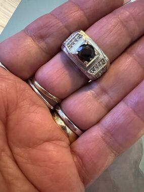 .925 Sterling Silver Ring w Black Tourmaline Stone & White & Blue Tourmaline